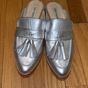 Steve Madden metallic silver mule with tassels